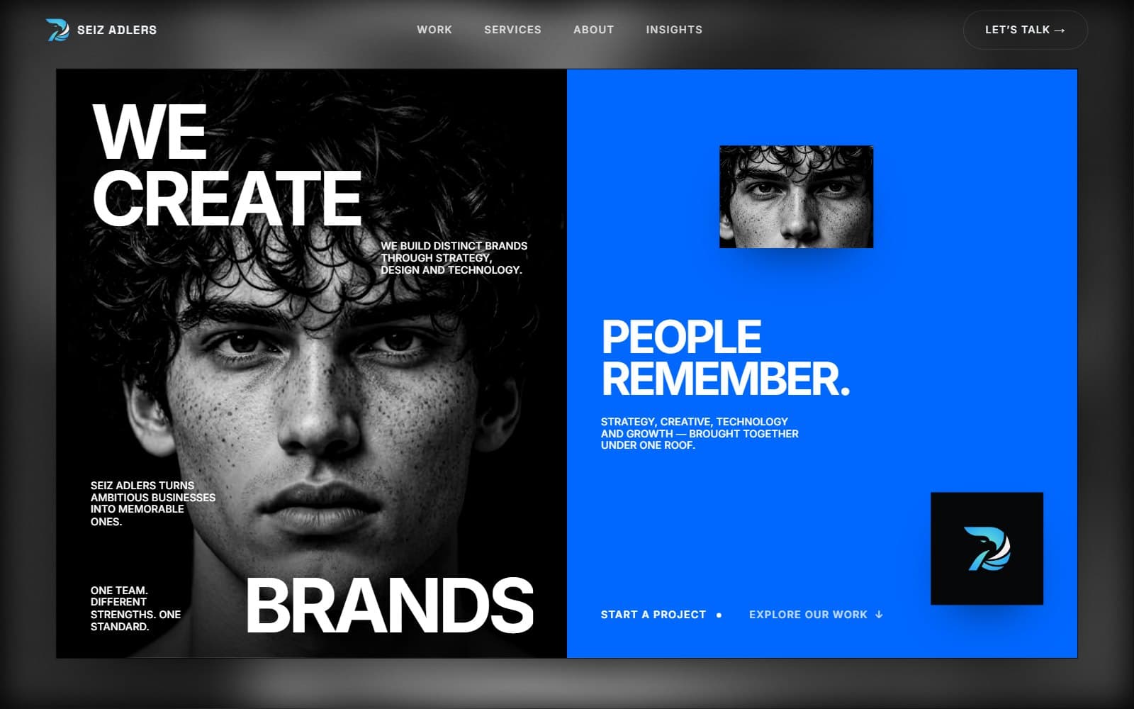 The Seiz Adlers homepage hero: a black-and-white portrait beside a blue panel reading “People remember.”